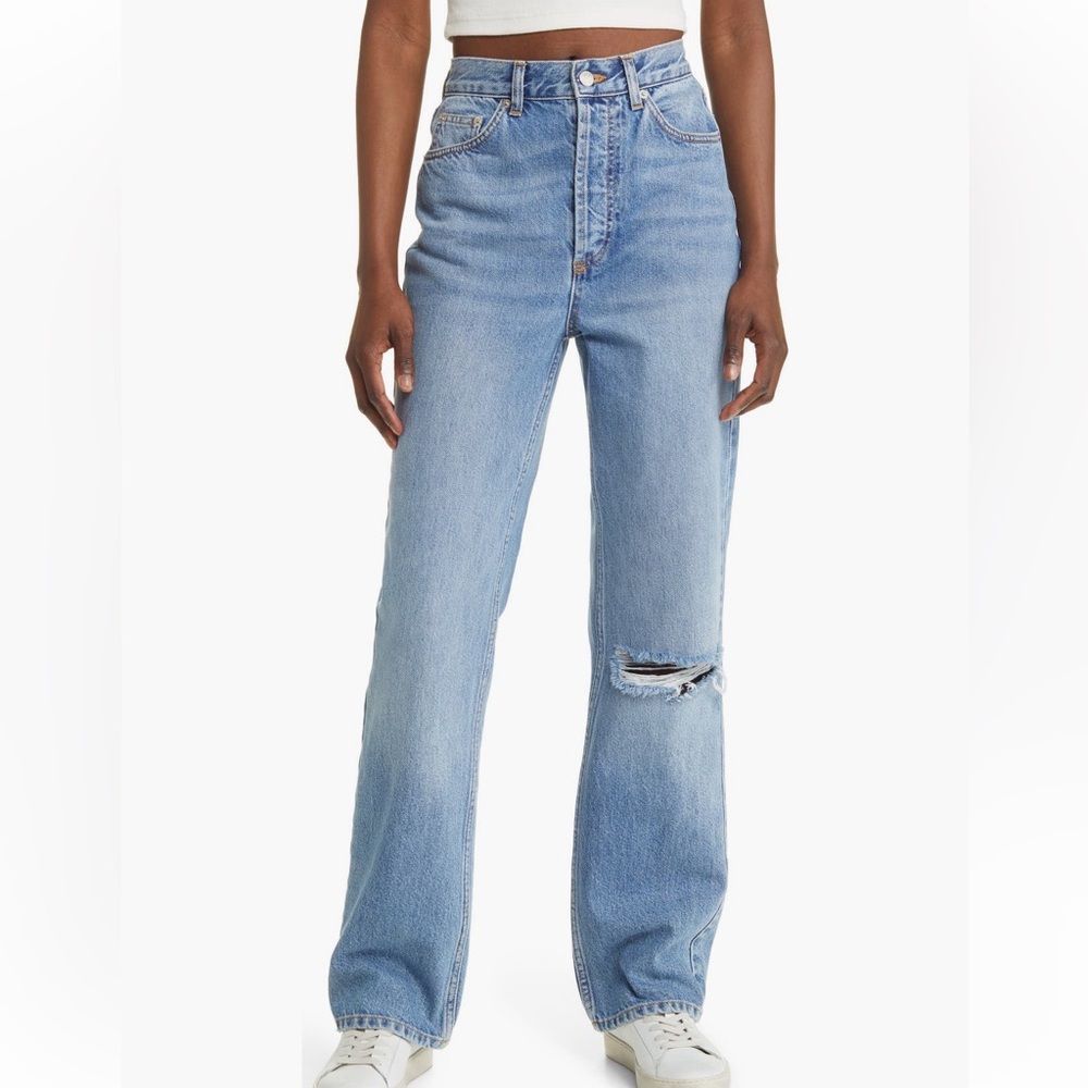Topshop Blue Straight Leg Jeans with Distressed Details